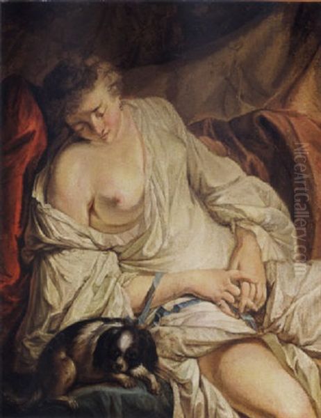 A Half-naked Lady Reclining Together With A Dog (la Fidele Surveillante) Oil Painting by Jean Baptiste Henri Deshays