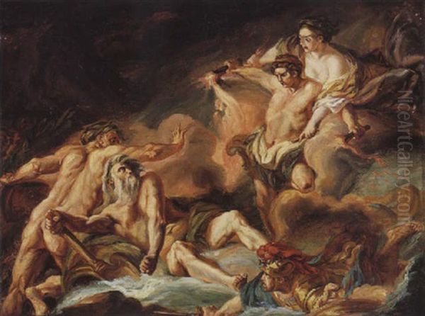 Achille Pret D'etre Submerge Par Le Scamandre Et Le Simois, Est Seconde Par Junon Et Vulcain Oil Painting by Jean Baptiste Henri Deshays