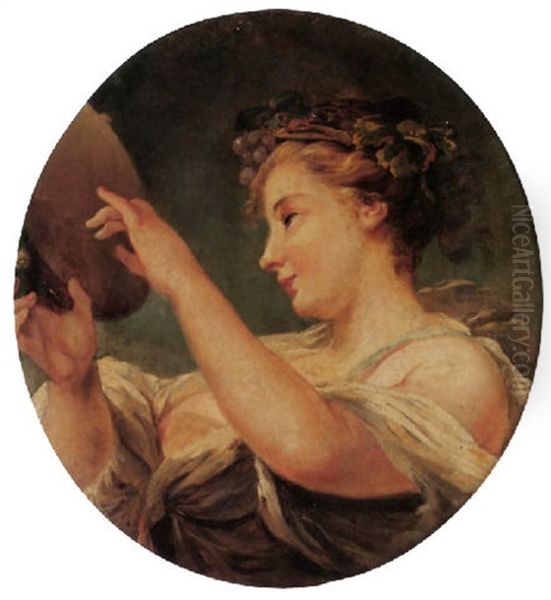 A Young Bacchante Playing A Tambourine Oil Painting by Jean Baptiste Henri Deshays