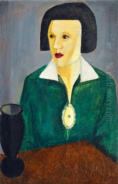 Lady With Bob Wearing A Brooch Oil Painting by Istvan Desi Huber