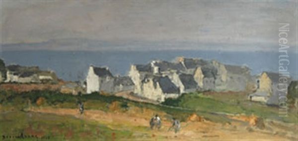 Moisson A Treboul Devant La Baie Oil Painting by Louis Marie Desire-Lucas