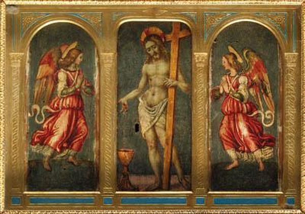 The Blood Of The Redeemer; And Adoring Angels - Panels From Aciborium Oil Painting by Arcangelo Di Jacopo Del Sellaio