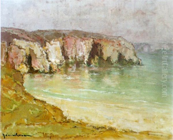 Plage Et Falaises Roses Du Cote De Morgat Oil Painting by Louis Marie Desire-Lucas