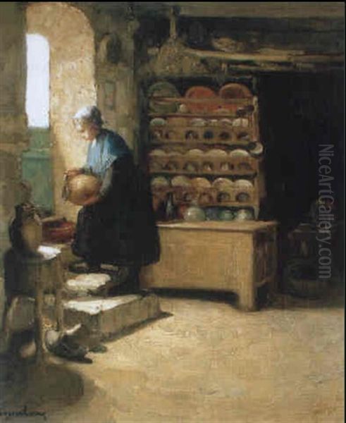 Interieur De Ferme - Jeune Bretonne A La Cruche Oil Painting by Louis Marie Desire-Lucas