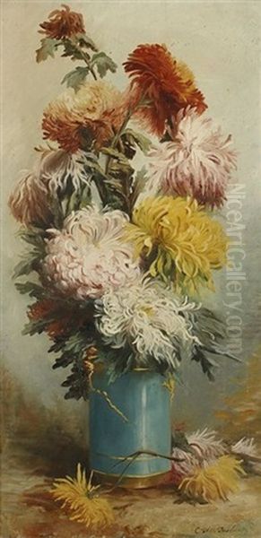 Bouquet De Chrysanthemes Dans Un Vase Oil Painting by Cecile Desliens