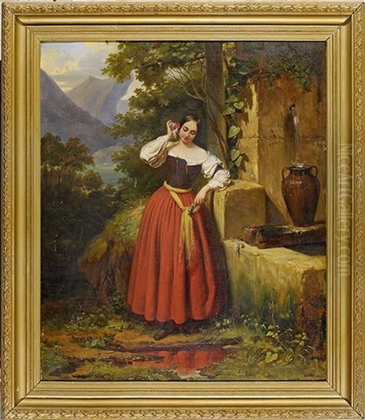 Jeune Femme A La Fontaine Oil Painting by Francois Barthelemy Augustin Desmoulins