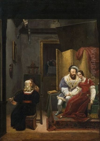 Leonard De Vinci Peignant Francois Ier Et Sa Maitresse Oil Painting by Francois Barthelemy Augustin Desmoulins