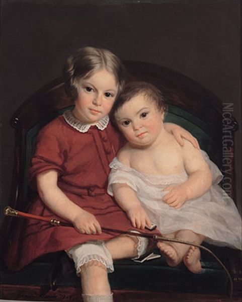 Reizendes Portrait Zweier Kinder Auf Einem Armlehnstuhl, Ausdrucksvoll Charakterisiert Oil Painting by Louise-Adelaide Desnos