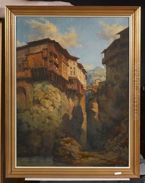 Italienisches Schluchtstadtchen Mit Fischern Auf Felsen Oil Painting by Joseph Vezien Desombrages