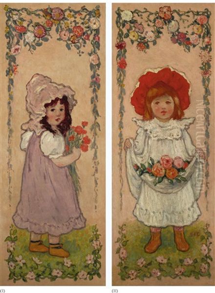 Les Petites Bouquetieres: A Pair Oil Painting by Georges d'Espagnat