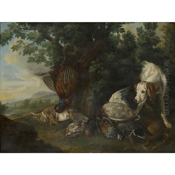 Dog And Dead Game In A Wooded Landcsape Oil Painting by Alexandre Francois Desportes