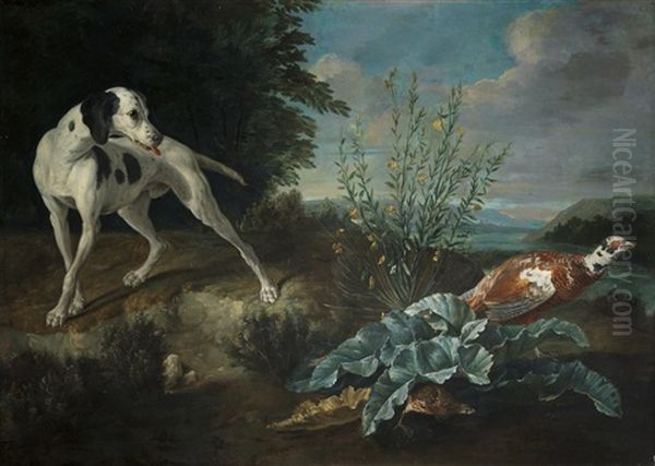 A Pointer Beside A Pheasant In A Landscape Oil Painting by Alexandre Francois Desportes