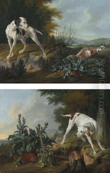 A Pointer Poised In Front Of A Pheasant And A Partridge, Set In An Extensive River Landscape; A Pointer Beside A Peasant And Foliage, Set In A Landscape Oil Painting by Alexandre Francois Desportes