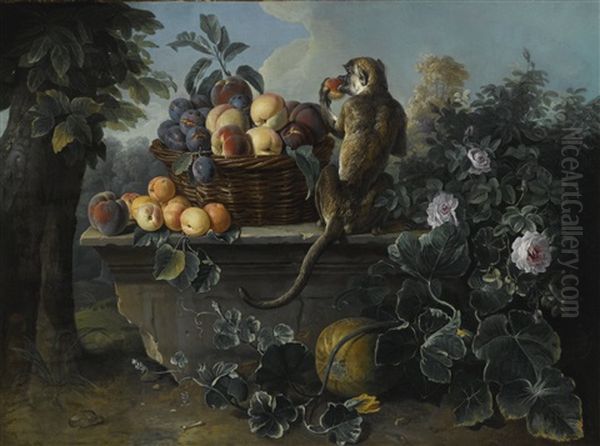 Still Life With A Monkey And A Basket Of Fruit Resting On A Ledge With A Landscape Beyond Oil Painting by Alexandre Francois Desportes