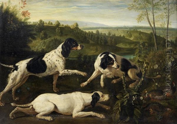 Bonne, Nonne And Ponne; The Dogs Of King Louis Xiv Of France Oil Painting by Alexandre Francois Desportes