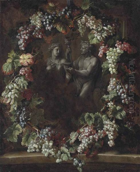 A Wreath Of Grapes Surrounding A Statue Of Bacchus Holding A Thyrsus With Ceres Oil Painting by Alexandre Francois Desportes