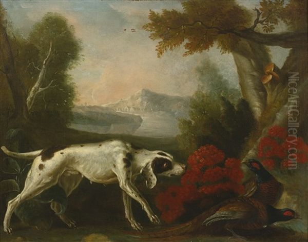 A Pointer With Pheasant In A Landscape Oil Painting by Alexandre Francois Desportes