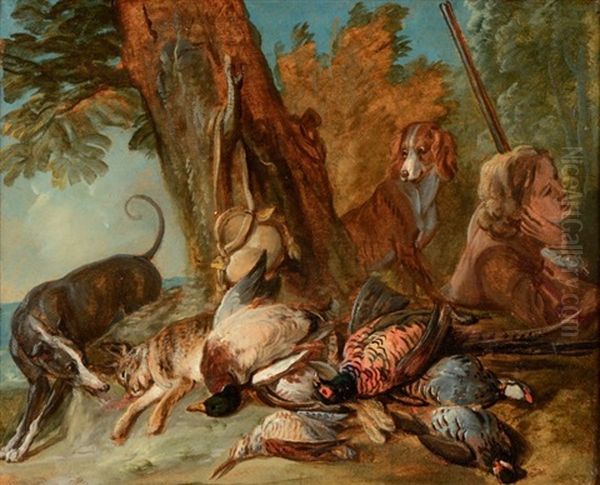 Deux Chiens Gardant Du Gibier Et Chasseur Dans Un Paysage Oil Painting by Alexandre Francois Desportes