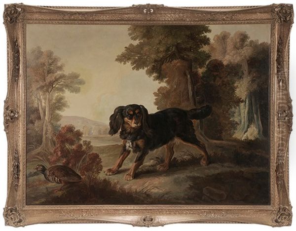 Spaniel And Partridge In A Country Landscape Oil Painting by Alexandre Francois Desportes