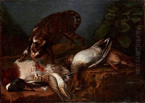 Chat Et Canards Sur Un Entablement Oil Painting by Alexandre Francois Desportes