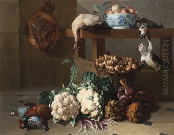 Garde-manger Aux Artichauts, Choux-fleurs Et Corbeille De Champignons Oil Painting by Alexandre Francois Desportes