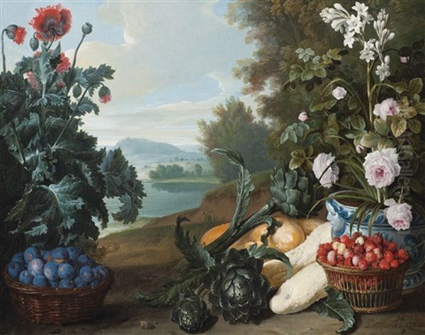 Fruits, Fleurs Et Legumes Dans Un Paysage Oil Painting by Alexandre Francois Desportes