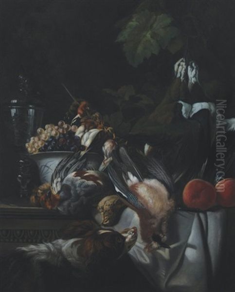 Still-life Of Birds, Grapes In A Blue And White Porcelain Bowl, And A Facon De Venise On A Stone Ledge, A Spaniel To The Foreground Oil Painting by Alexandre Francois Desportes