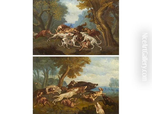 The Wild Boar Hunt; Together With A Painting Of A Similar Subject (pair) Oil Painting by Alexandre Francois Desportes