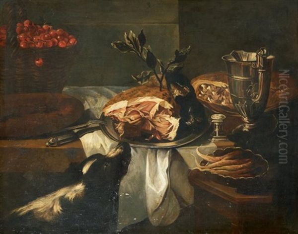 Chien Flairant Un Jambon Pose Sur Un Entablement A Cote D'un Panier De Cerises Et D'une Aiguiere En Argent Oil Painting by Alexandre Francois Desportes