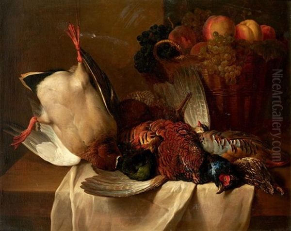 Canard Col Vert Pendu Par Une Patte, Faisan, Perdreau Gris Et Corbeille De Fruits Sur Un Entablement Oil Painting by Alexandre Francois Desportes