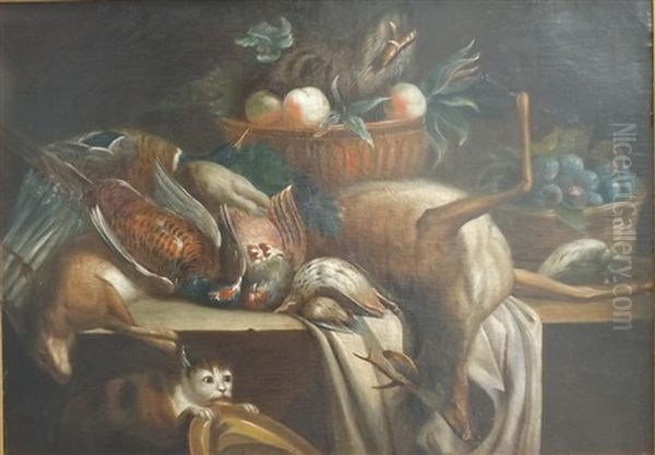 Nature Morte Au Gibier Avec Un Chat Oil Painting by Alexandre Francois Desportes