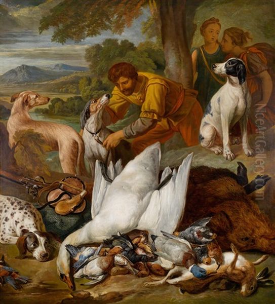 Ein Jagdpage Mit Erlegtem Wild Und Jagdhunden In Weiter Landschaft, Beobachtet Von Zwei Nymphen Oil Painting by Alexandre Francois Desportes