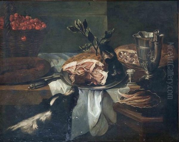 Chien Flairant Un Jambon Pose Sur Un Entablement A Cote D'un Panier De Cerises Et D'une Aiguiere En Argent Oil Painting by Alexandre Francois Desportes