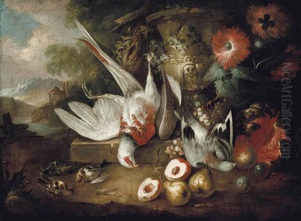 A Pheasant And A Pigeon On A Stone Ledge Beside A Sculpted Urn, Other Birds And Pears, Peaches, Plums And Flowers In A Landscape Oil Painting by Alexandre Francois Desportes