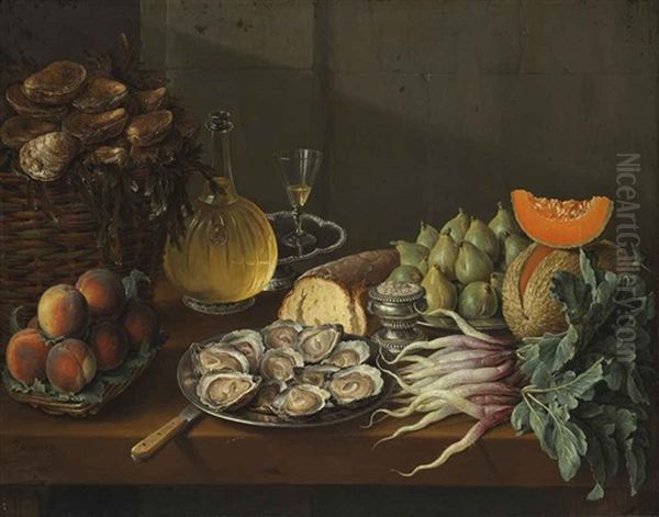 Le Dejeuner Maigre: Oysters, Bread, Wine, Peaches, Pears, Melon, Radishes, Salt And Figs On A Table Oil Painting by Alexandre Francois Desportes