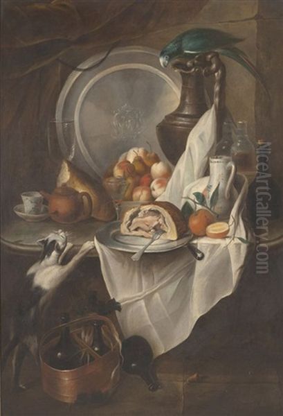 Nature Morte Aux Fruits Et Au Jambon Avec Un Chat Et Un Perroquet Oil Painting by Alexandre Francois Desportes