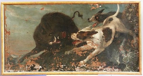 Chiens Attaquant Un Loup (+ Chiens Attaquant Un Sanglier; Pair) Oil Painting by Alexandre Francois Desportes