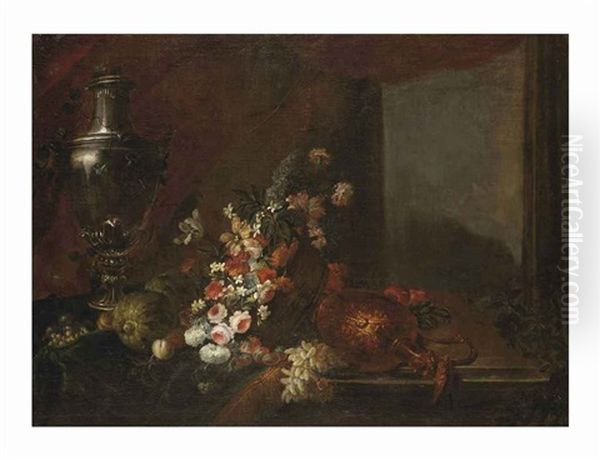 An Urn, A Wicker Basket Filled With Flowers And A Golden Can, All On A Wooden Ledge Oil Painting by Alexandre Francois Desportes