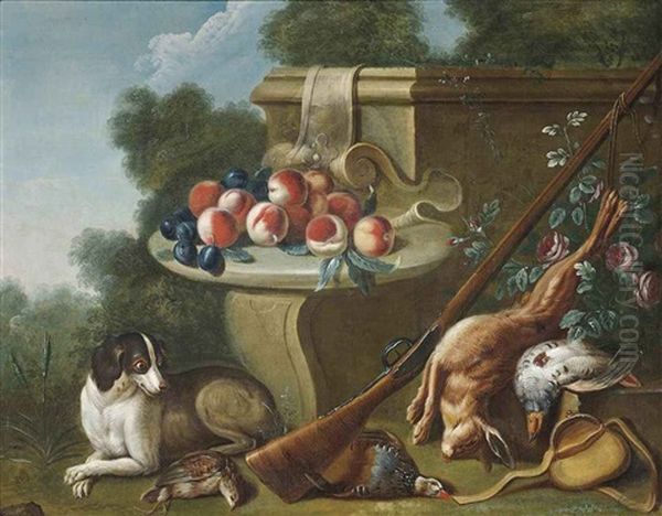 A Hare, A Quail And A Partridge, Peaches And Plums On A Ledge, With A Dog In A Landscape Oil Painting by Alexandre Francois Desportes