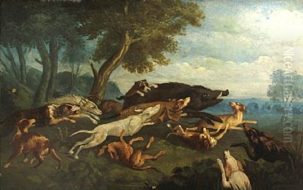 The Wild Boar Hunt (+ Another; Pair) Oil Painting by Alexandre Francois Desportes