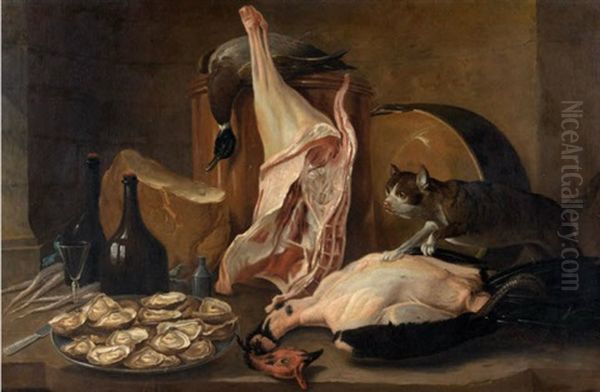 Chat Bousculant Les Apprets Du Dejeuner (+ Nature Morte Au Lievre, Faisan, Perdreaux Et Becasse; Pair) Oil Painting by Alexandre Francois Desportes