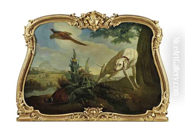 An Extensive Landscape With A Hound Flushing Pheasants Oil Painting by Alexandre Francois Desportes