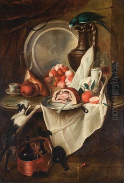 Nature Morte Aux Fruits Et Au Jambon Avec Un Chat Et Un Perroquet Oil Painting by Alexandre Francois Desportes