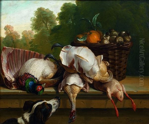 Chien, Gibier Plume Et Panier Dans Un Paysage Oil Painting by Alexandre Francois Desportes