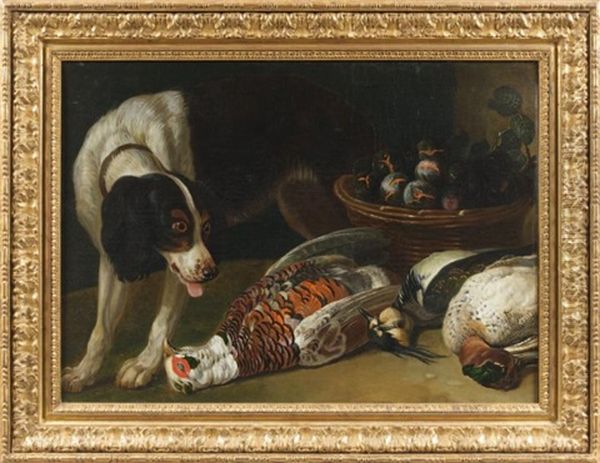 Chien A L'arret Devant Une Perdrix, Des Becasses Et Un Panier De Prunes Oil Painting by Alexandre Francois Desportes