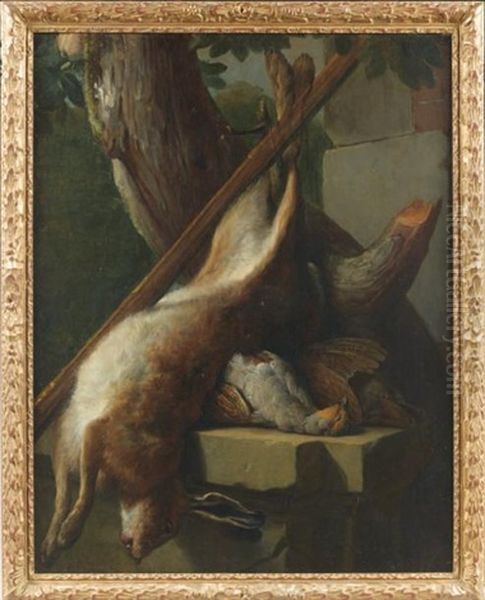 Trophee De Chasse Au Lievre Et Aux Oiseaux Sur Un Entablement Oil Painting by Alexandre Francois Desportes