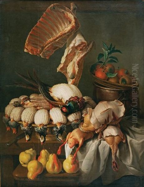 Nature Morte Aux Perdrix Piquees, Faisans, Quarres D'agneau Fruits Et Poires De Bon Chretien Oil Painting by Alexandre Francois Desportes