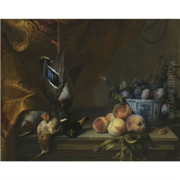 Still Life Of Plums In A Blue And White Porcelain Bowl Together With Peaches, A Partridge And A Woodcock And A Hanging Mallard, All On A Stone Ledge With A Red And Gold Brocade Hanging To The Left by Alexandre Francois Desportes