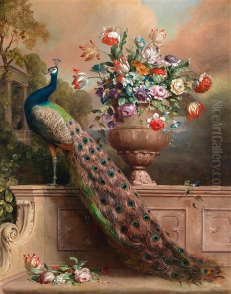 Ein Pfau Und Ein Blumenstraus In Einer Vase Auf Einer Steinbank In Einem Schlosspark Oil Painting by Alexandre Francois Desportes