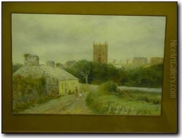 Cottage Withriver And Church Beyond Oil Painting by Benjamin Archbald Lewis